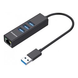 Simplecom CHN420 Black Aluminium 3 Port SuperSpeed USB HUB with Gigabit Ethernet Adapter - CBAT-USBCLAN