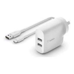 Belkin 24W Dual USB-A Wall Charger  USB-A to C Cable  White