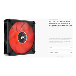 Corsair ML ELITE Series, ML120 LED ELITE, 120mm Magnetic Levitation Red LED Fan with AirGuide, Single Pack