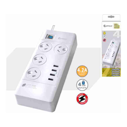 Sansai 4 Outlets  4 USB Outlets Surge Protected Powerboard Master On/Off switch 1M lead  Right angle plug 230-240VAC IV Retail box