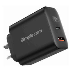 Simplecom CU265 Dual Port PD 65W GaN Fast Wall Charger USB-C + USB-A for Phone Laptop