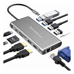 Astrotek USB C Dock 12 in 1 with 2X HDMI 1X VGA 1XRJ45 3XUSB3.0 1x usb 2.0 TF/SD Card Reader 3.5mm Audio Type C PD charging Alumium house