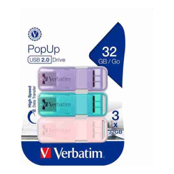 Verbatim Pop-Up 32GB USB 2.0 Triple Pack Assorted Pastel Colours Aqua Pink Purple 66760