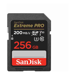 SanDisk Extreme Pro SDXC, SDXXD 256GB, V30, U3, C10, UHS-I,  200MB/s R, 140MB/s  W, 4x6, Lifetime Limited