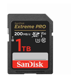 SanDisk Extreme Pro SDXC, SDXXD 1TB, V30, U3, C10, UHS-I, 200MB/s R, 140MB/s W, 4x6, Lifetime Limited