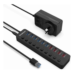 Simplecom CHU810 48W 10-Port USB 3.0 Hub and Charger with Individual Switches 12V/4A Power Adapter BC1.2 Fast Charging