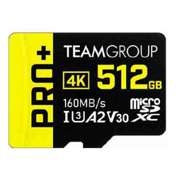 Team Group PRO+ MicroSDXC Memory Card 512GB, Read up to 160 MB/s; Write up to 110 MB/s with professional card readers MicroSDXC / SD 6.1 / UHS-I