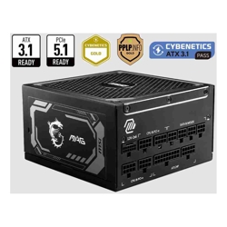 MSI MAG A1000GL PCIE5 ATX Power Supply Unit, 80 PLUS Gold, Fully modular flat cables, 0 RPM Mode, Active PFC design