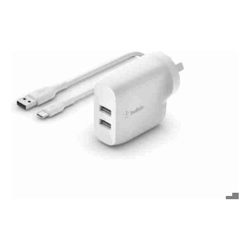 Belkin 24W Dual USB-A Wall Charger  USB-A to C Cable  White