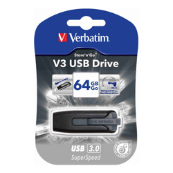 Verbatim Store 'n' Go V3 64 GB USB 3.2 (Gen 1) Type A Flash Drive Black Grey 80 MB/s Read Speed 25 MB/s Write Speed 2 Year Warranty 1 Each