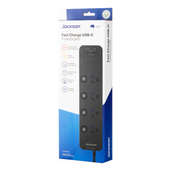 Jackson Industries Jackson | PT1814USB3C | 4 Way Individually Switched Power Board w/ 2 x USB A & 2 x USB C Charging Outlets | 1m Lead |  BLACK