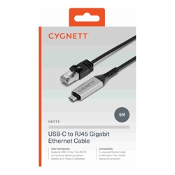 Cygnett Unite USB-C (USB 3.2) To Ethernet Cable Gigabit (CAT 6) ( 5m) Black(CY5506PCCCE) Works with MacBook/Windows PC/Laptops 2 Years Warranty
