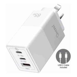 Oxhorn 65W GaN Type C fast Charger 3 Port 2xUSB-C 1xUSB-A PD3.0 QC4.0 PPS AUS Approved C-tick White with cable